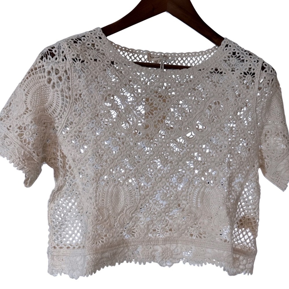 Hem & Thread Cream Crochet Lace Crop Top Short Sleeve Cotton 38504 Size S/M NEW - Picture 2 of 8